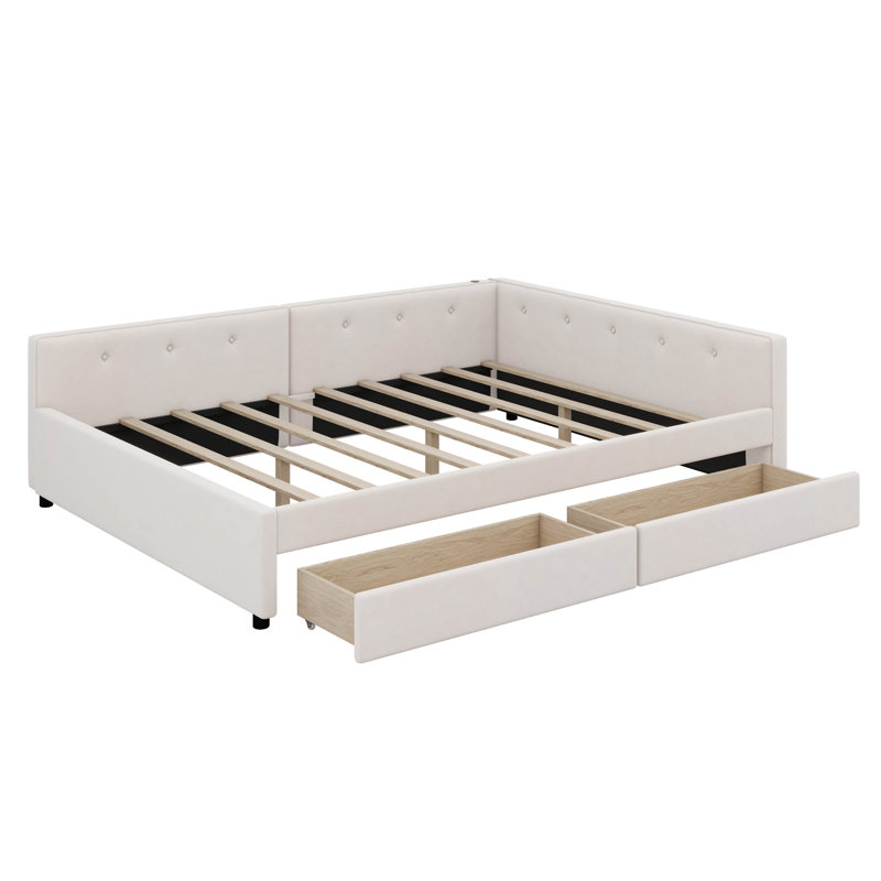 Upholstered Platform Bed With USB And 2 Drawers, Linen Upholstered Daybed, No Box Spring Needed, Queen