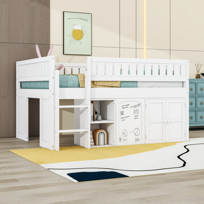 Lit mezzanine double en bois avec armoire de rangement, tableau noir et tablettes, Blanc