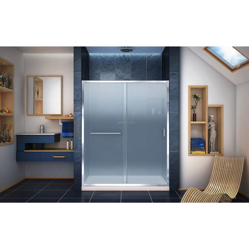 DreamLine Infinity-Z 32 inch D x 60 inch W x 74 3/4 inch H Semi-Frameless Sliding Frosted Shower Door in Chrome with Center Drain Biscuit Shower Base Kit