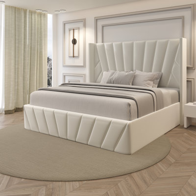 Lit de rangement tapissier avec tête de lit haute et vérin à gaz hydraulique, système de lattes en bois et rangement sous le lit