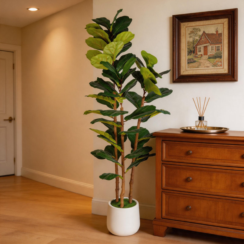 Figuier artificiel de 5,2 pi en pot blanc, décor de plante d'intérieur Real Touch