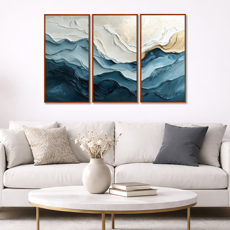 Ensemble 2 pièces d'art mural «White and Blue Marble Wave II», Toile avec cadre flottant brun, H 32 po x l 48 po x P 1 po