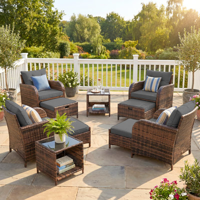 4-Person Outdoor Wicker Patio Conversation Set, Modular Sectional Seating Group With Ottomans And Tempered Glass Coffee Table, Weather-Resistant All-Weather Furniture Set For Backyard Deck Poolside