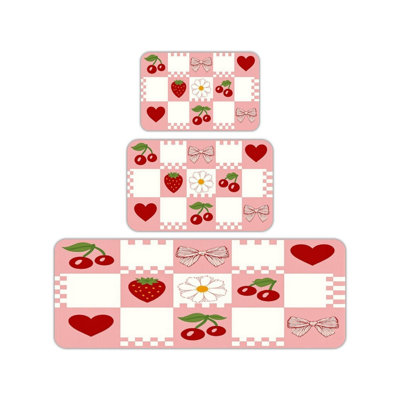 Cherry Strawberry Checker Pattern Kitchen Floor Mat 3 Pc Kitchen Modern Space