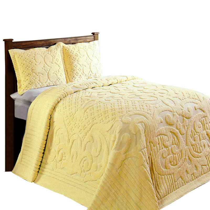 Ashton Collection 100% Cotton Chenille Twin Bedspread Set, Traditional Tufted Medallion Bedding with Matching Sham, OEKO-TEX Certified, Soft, Breathable, Machine Washable, All-Season, Yellow