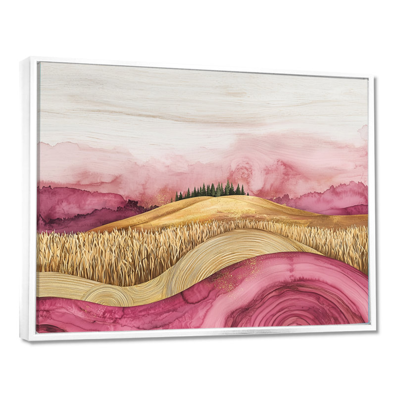 «Farm Charm Meadow With Lavender Ink Field Landscape», impressions sur toile de ferme, H 16 po x l 32 po, Blanc