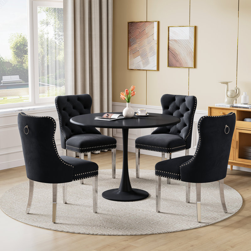 5-Piece Round Metal Dining Table Set With Velvet Upholstered Chairs – Modern Dining Furniture For Small Spaces, Black