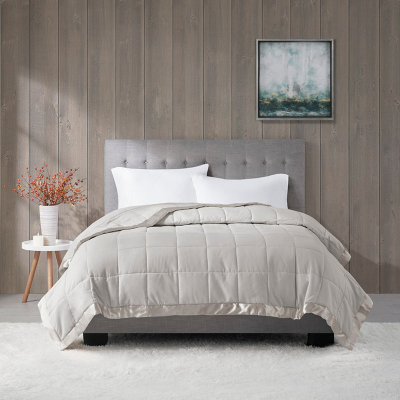 Couverture légère en duvet synthétique avec bordure en satin, Très grand lit, Gris