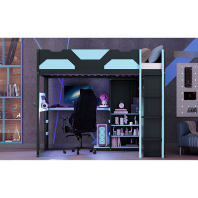 Lit mezzanine en bois pleine grandeur bleu nuage avec lumières, charge, multi-rangement et pour une chambre à coucher fonctionnelle et esthétique