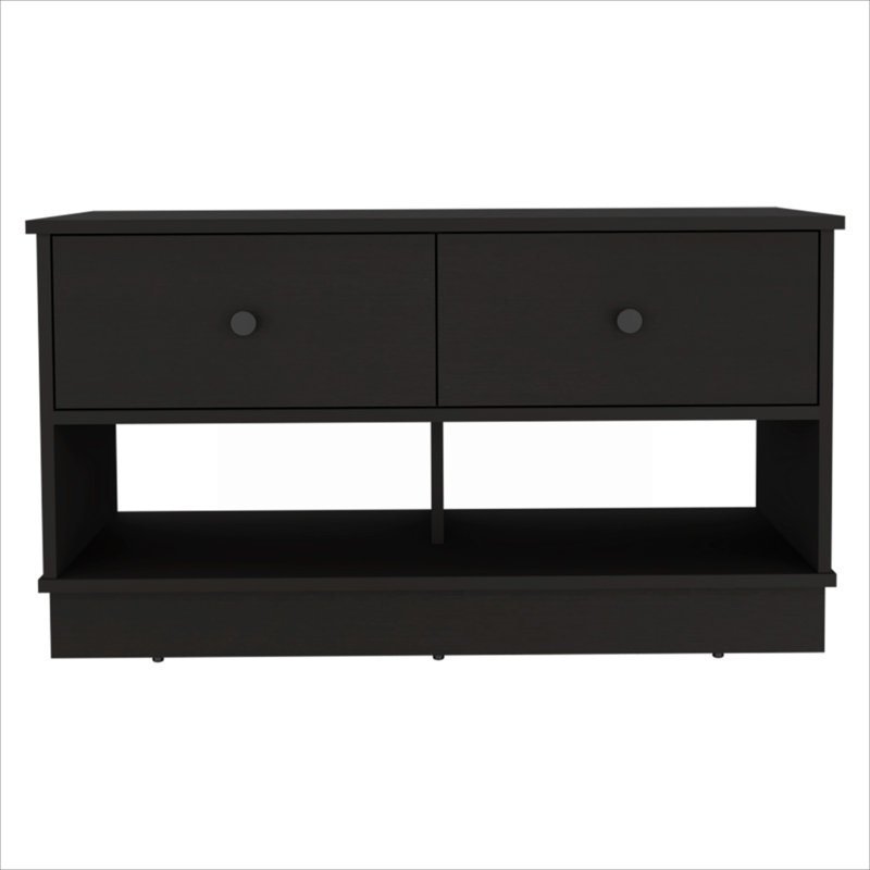 Entryway Seating Storage, Storage Bench, Sleek Black Particle Board, 2-Seater with Two Open Shelves and Two Drawers
