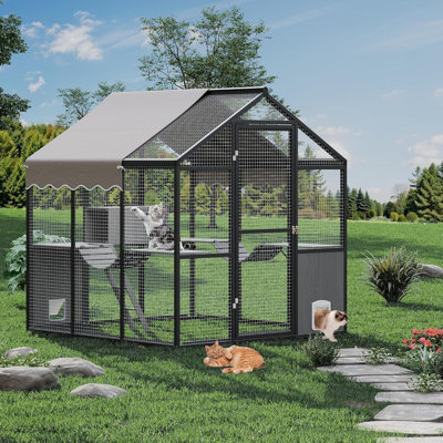 Très grand enclos extérieur pour chat - Catio en aluminium spacieux pour plusieurs chats, couverture toutes saisons et modes de porte réglables