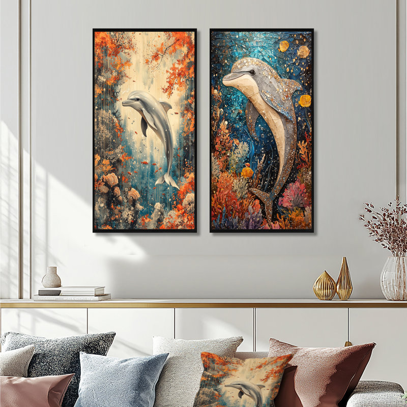 Danse du dauphin au-dessus d'un corail I - Collection d'art mural animaux 2 pièces, H 28 po x l 25 po, Cadre flottant noir