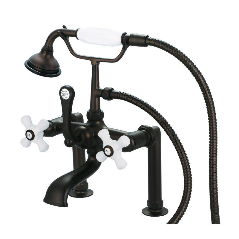Stonington Deck Tub Spout, Porcelain Cross Handles, Oil Rubbed Bronze