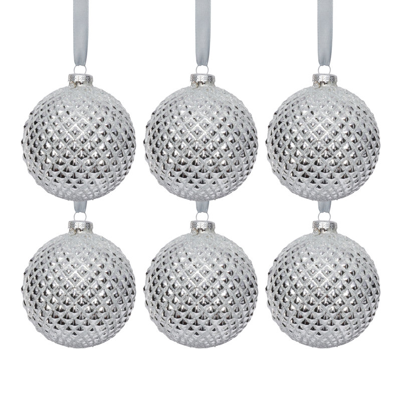 Boules de Noël en verre métallique, ensemble de 6, H 4 po x l 4 po x P 4 po, Argent luisant