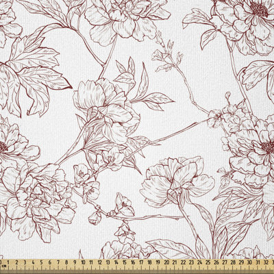 Tissu rétro au bord, branches rustiques avec pivoines sauvages, motif de jardin d'inspiration naturelle