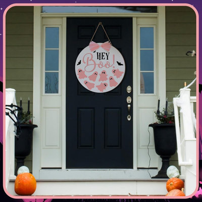 Enseigne de porte d'Halloween avec fantôme rose, décoration suspendue en bois Boo avec nœuds roses, jolie affiche de porche d'Halloween pour porte d'entrée de maison de campagne, mur, entrée et décoration saisonnière