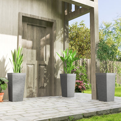 Jardinières de 22,8 pouces de hauteur pour plantes d'extérieur, ensemble de 3 pots à fleurs en plastique avec finition pierre et roulettes, jardinières effilées empilables avec trou de drainage pour plantes d'intérieur, véranda, gris