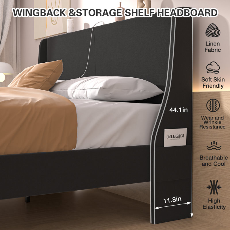 Structure de lit grand format en lin avec tête de lit à oreilles, lit plateforme grand à oreilles avec support à lattes en bois, ports USB, aucun sommier tapissier requis, sans bruit