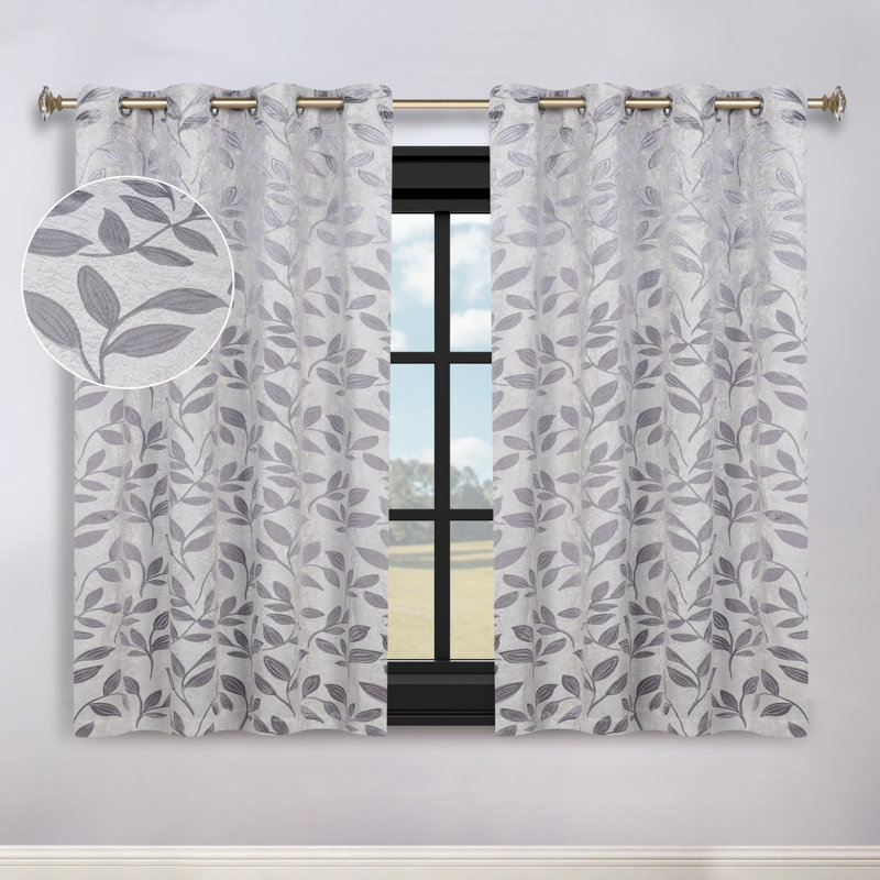  Finklea Floral Pattern Polyester Light Filtering/Room Darkening Rod Pocket Curtain Panels, 52" W x 63" L, White/Gray