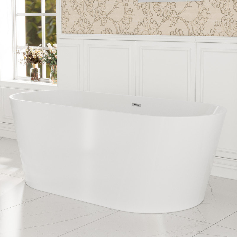 Casainc 67" Acrylic Freestanding Tub Soaking Bathtub with Chrome Overflow ＆ Center Drain, Oval, White