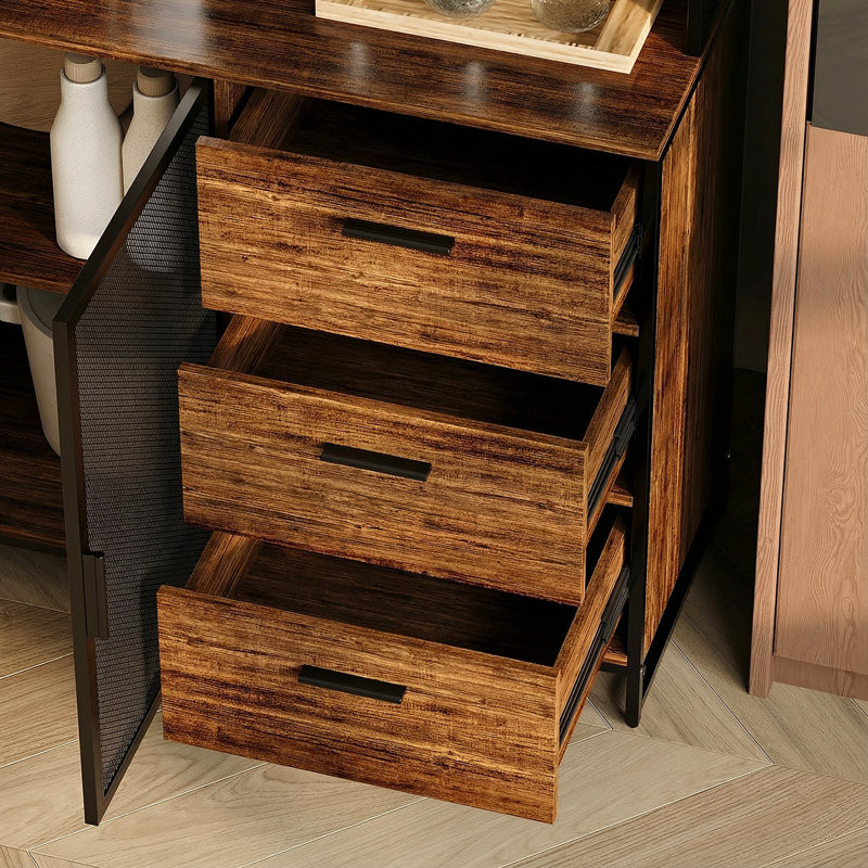 Armoire de cuisine avec portes en filet, buffet multi-tiroirs avec étagère