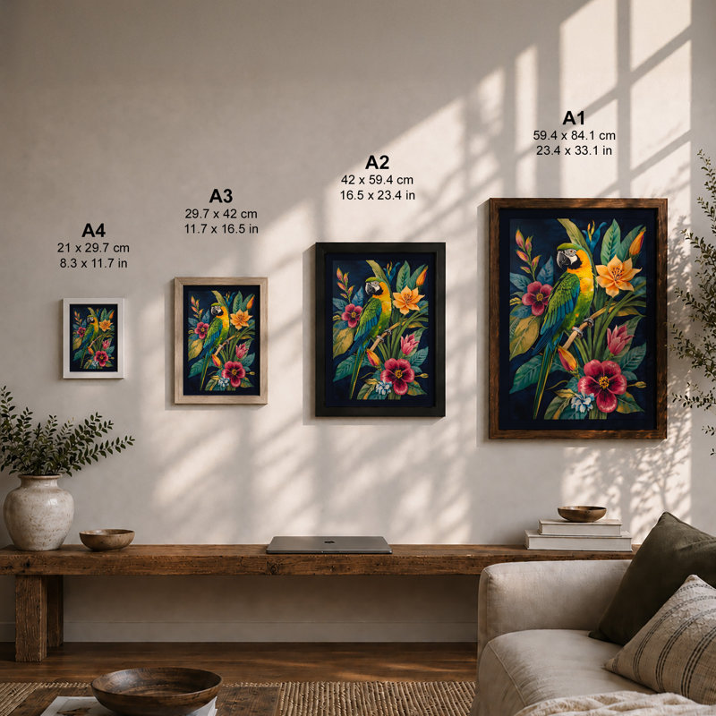 Parrot Among Blossoms Tropical - Framed Print, Walnut, A1 - 84.1 x 59.4 cm