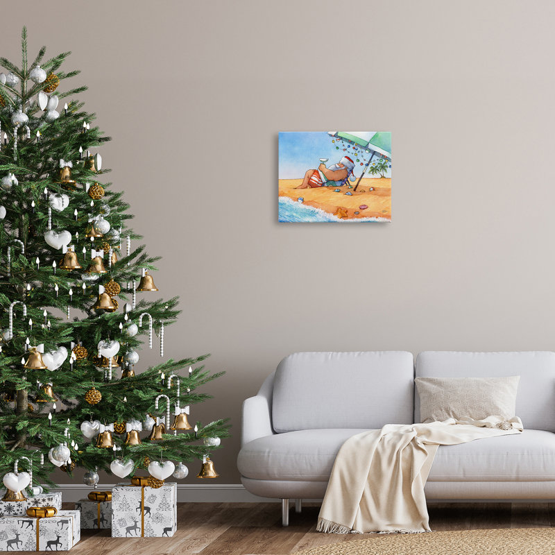 Père Noël, parasol de plage, bord de mer, Noël, encadré noir, art texturé par Steve Vanderbosch, H 16 po x l 20 po x P 1,5 po