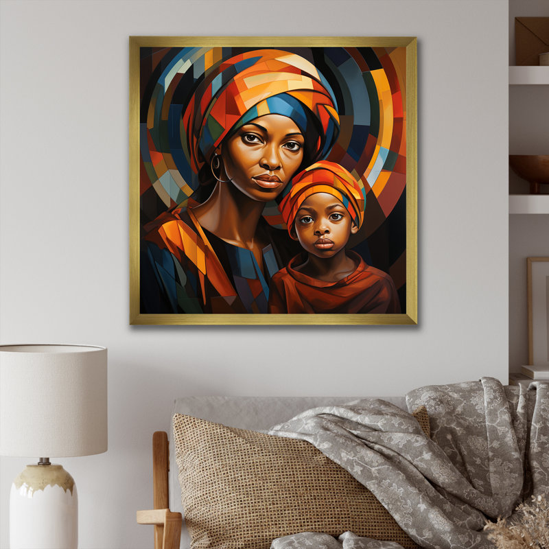 Orange orange, mère et enfant, lien III - art mural africain, Cadre doré simple, H 30 po x l 30 po x P 1,5 po