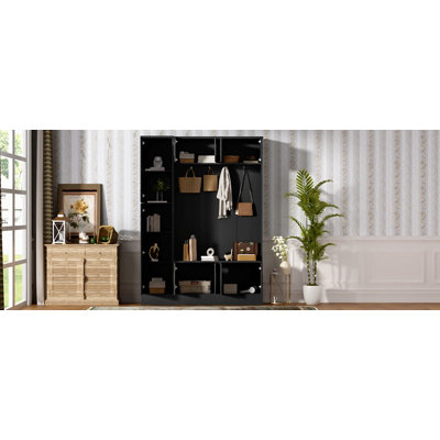 Arbre d'entrée de 79 po de hauteur avec rangement pour chaussures, banc d'entrée 4 en 1 avec 6 armoires, 4 crochets à manteau et tablette réglable pour le couloir, le salon