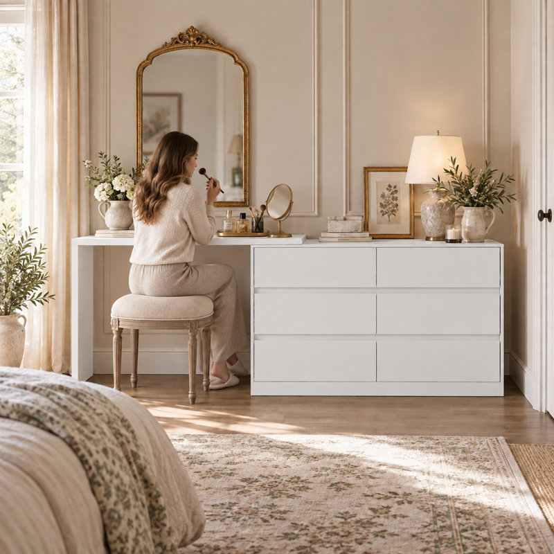 Ameyaa 6 Drawer 51.2" W Double Dresser, White