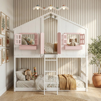 Solid Pine  Wood Twin-Over-Twin Bunk Bed With House-Shaped Frame Guardrails, Space-Saving Loft Bed, Shared Bedroom Furniture