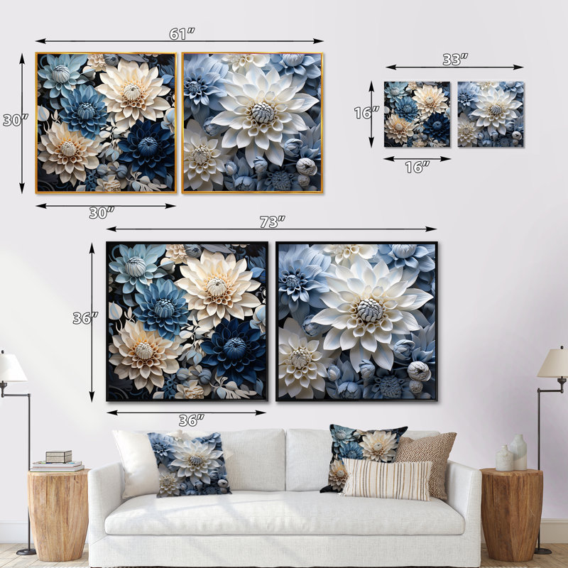 «Dahlia Blossom Delight» bleu et blanc - ensemble de 2 collages carrés Dahlia, Cadre flottant doré, H 30 po x l 61 po