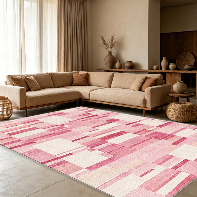Pink Patchwork Geometric carpet-easy to clean, machine-washable, soft and comfortable; suitable for door mats, kitchens, living rooms, bedrooms, corridors, and laundry areas. Easy to clean, durable carpet for home decoration.