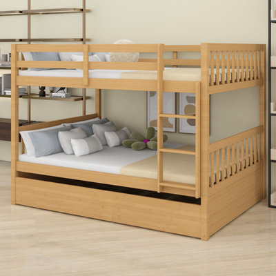 Rubber Wood Bunk Bed With Trundle, Ladder, Guardrails, Convertible To 2 Beds