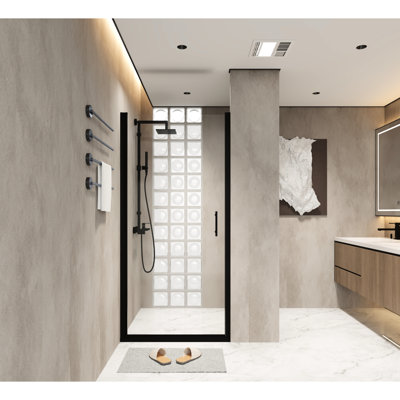 28X72 Inch Shower Door With Pivot Function, Matte Black Aluminum Half Frame, 1/4" Tempered Glass, Film, Practical Water - Blocking, Space Saving Swing For Bathroom Enhancement 6Mm Transparent Proof