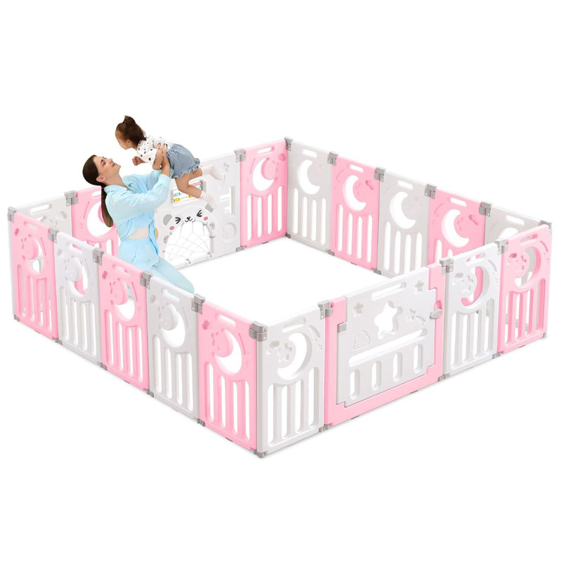 Safe Foldable No - Gaps Baby Playpen for Exploration, Pink/White, 24" H x 75" W x 75" D