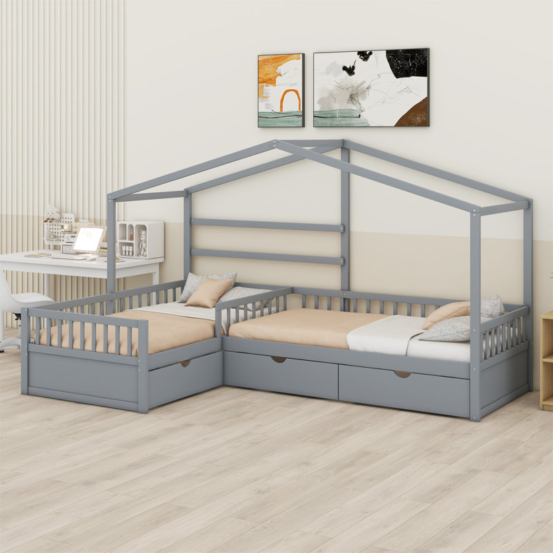Lit plateforme House avec trois tiroirs de rangement, Gris