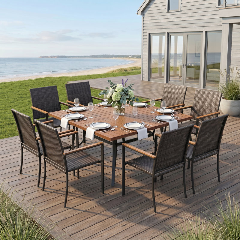 Ensemble repas pour 8 personnes avec chaises en osier PE, Brun