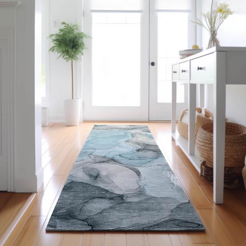 Premium Machine Washable Cerrito AMF504 Teal Rug, Runner 2'3" x 7'6"