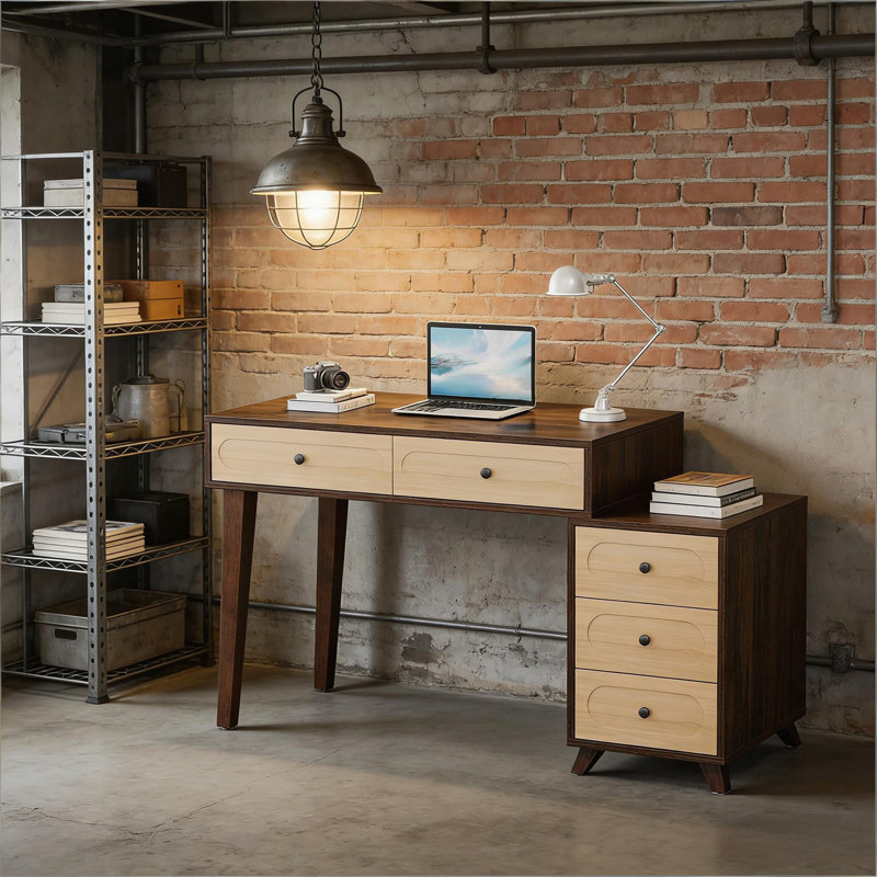 Bureau d'ordinateur de style rétro avec 5 tiroirs, bureau spacieux et configuration réglable pour les espaces de travail modernes