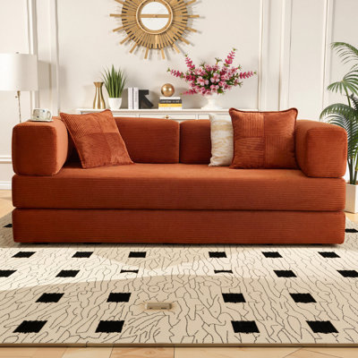 78.8" Convertible Futon Sofa Bed, Corduroy Boneless Loveseat Sleeper Sofa, Modular Pull Out Couch with Storage Pocket, No Assembly Required for Living Room,Orange