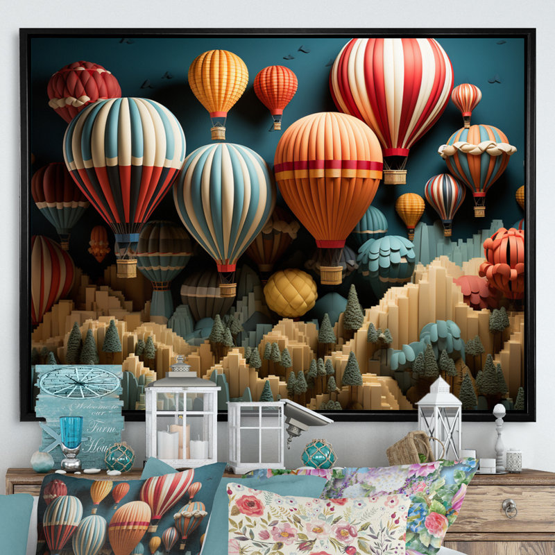«Red Hot Air Ballon Mosaic I», impressions sur toile montgolfière, H 30 po x l 40 po x P 1,5 po, Cadre flottant noir