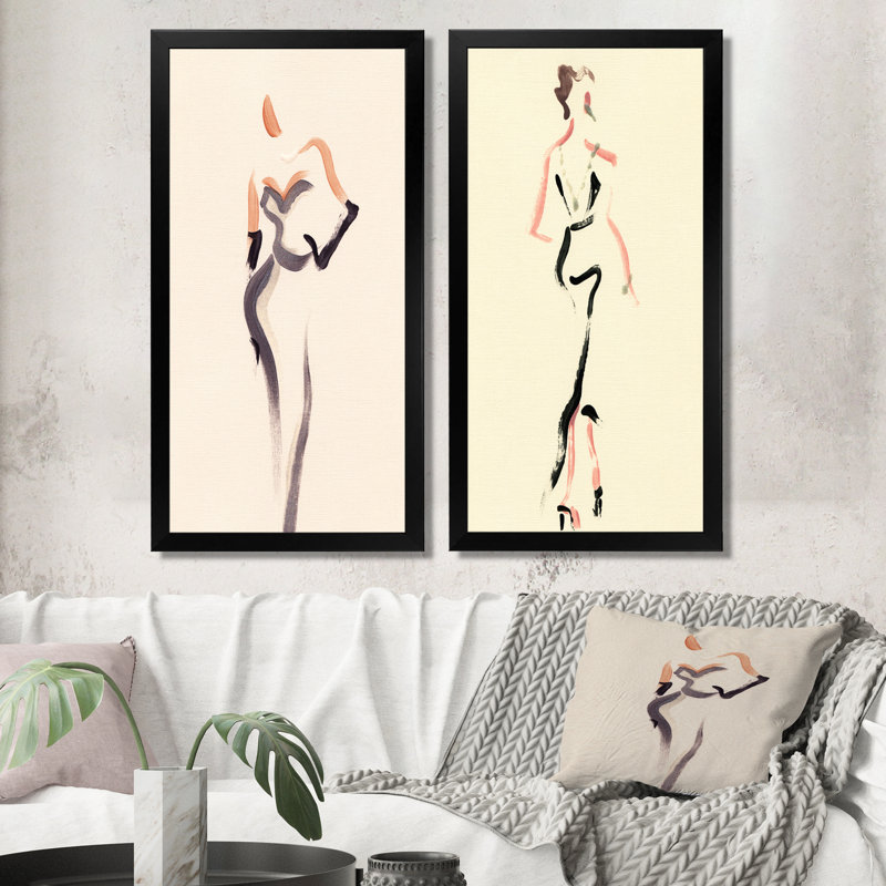 «Fashion Woman Line Art X», ensemble de 2 peintures sur toiles, H 40 po x l 40 po x P 1 po, Cadre photo noir
