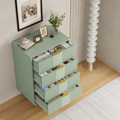Commode moderne cannelée à 4/5/6 tiroirs de style milieu du siècle – Haute commode en bois avec poignées en métal pour chambre à coucher, blanc / chêne naturel / vert olive