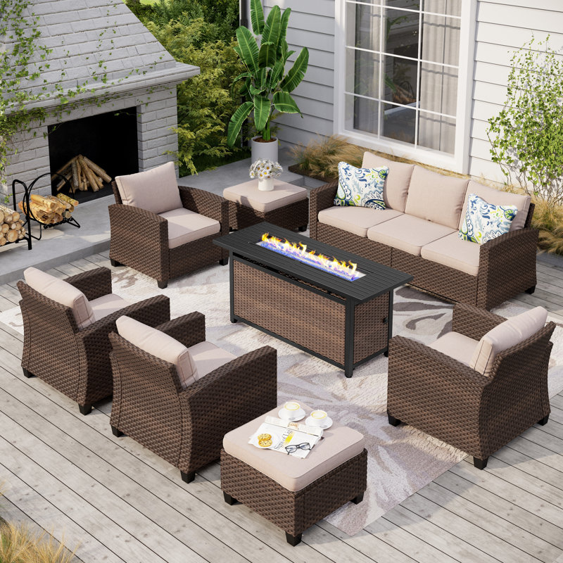 Ensemble de conversation pour patio en osier 9 personnes avec foyer Salem, Coussin Pro Performance, toile beige, Oui