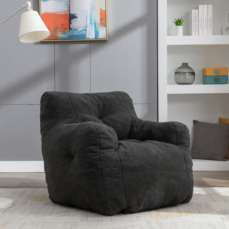Aeri Compression Medium Adult Soft Fabric Bean Bag Chair With Foam Filled, Black Faux Fur