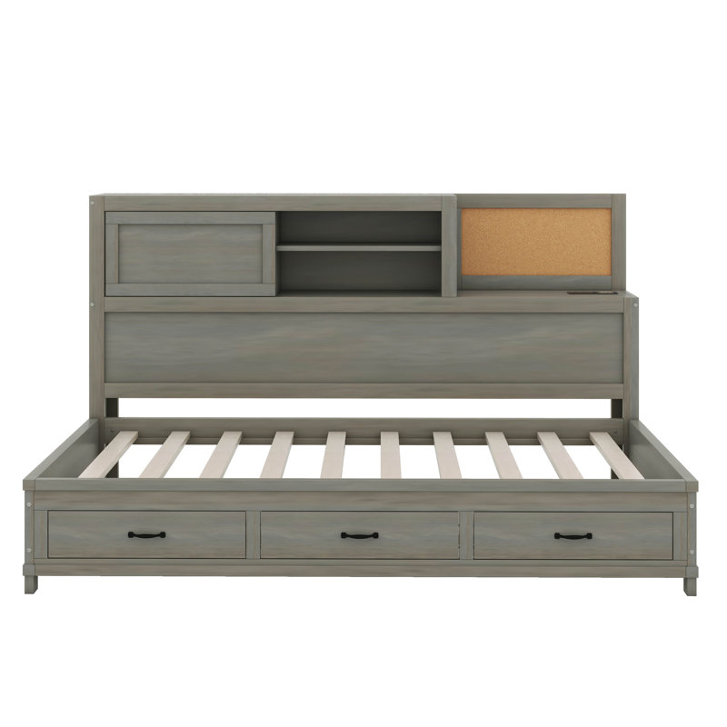 Lit de jour en bois avec 3 tiroirs de rangement, tableau souple supérieur, tablette et ensemble de prises et ports USB, cadre de lit multifonctionnel pour la chambre à coucher