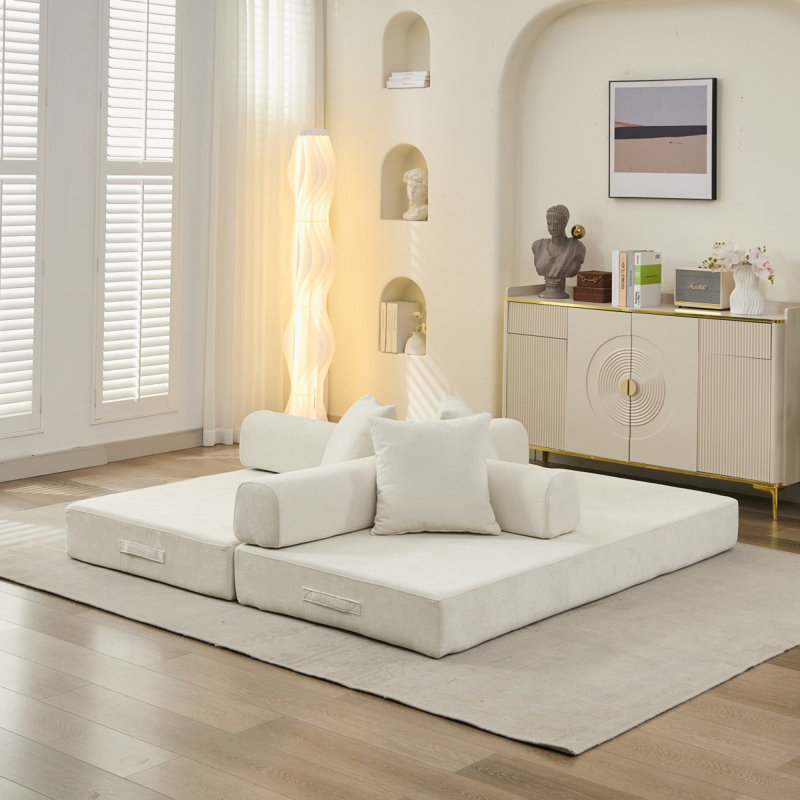 Comfy Convertible Folding Mattress Couch, Floor Sofa Bed, Chenille Floor Sofa With Armrest, Floor Sofa Lounge Couch For Living Room Bedroom Lounge Studio-Beige