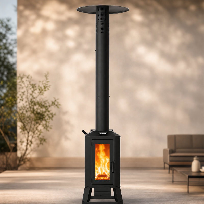 70,000 BTU Wood Pellet Patio Heater with Glass View Window & Wheels, Outdoor Standing Heater for Patio, Backyard, Commercial Use