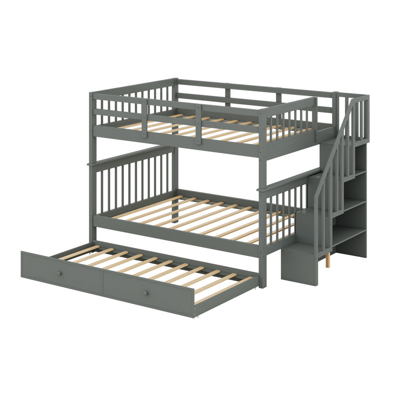 Lit superposé avec lit gigogne, escalier de rangement et garde-corps, Gris